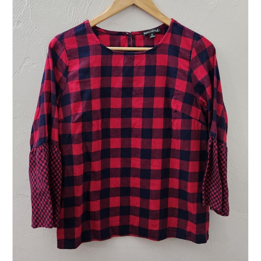 J. Crew Mercantile Red Navy Buffalo‎ Plaid Bell Flare Sleeve Shirt Top Size 8